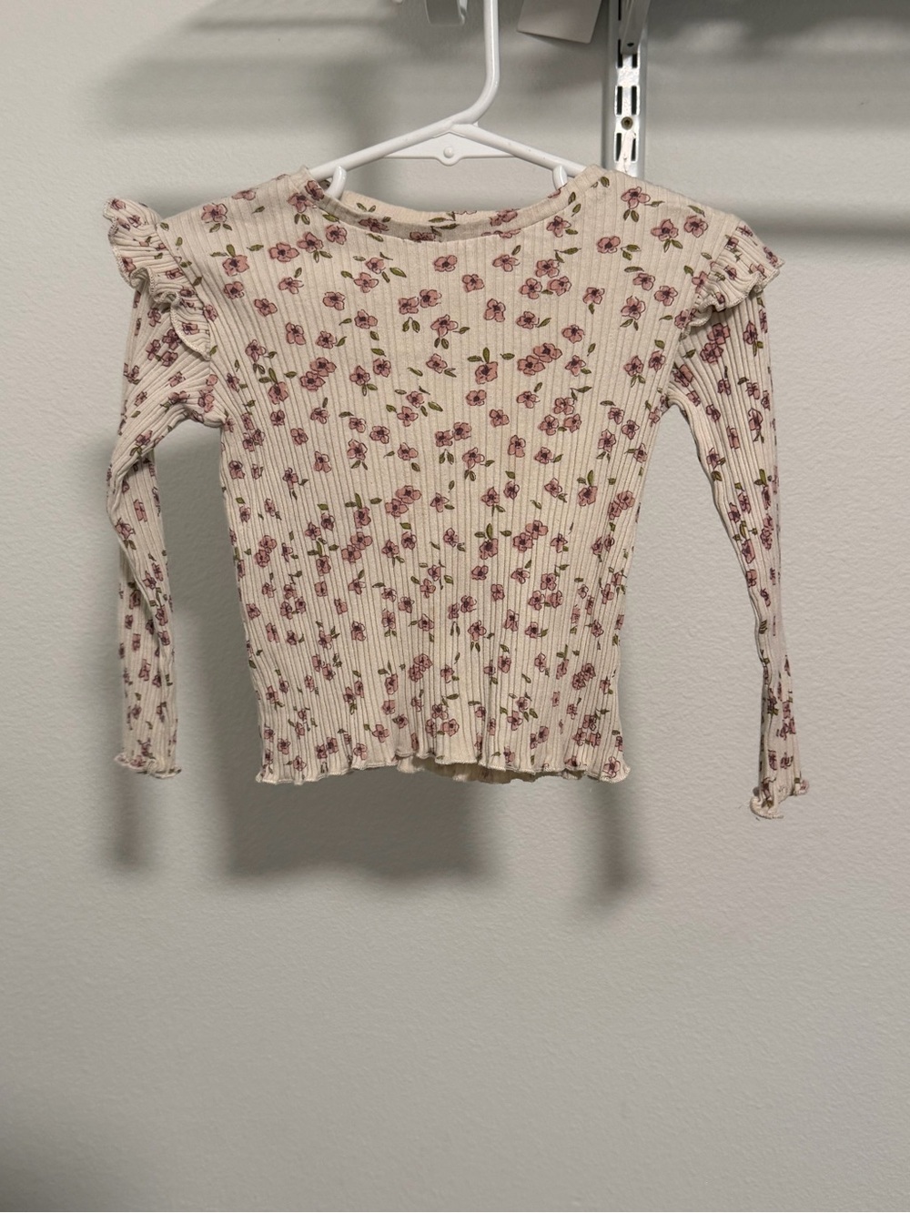 Girls' Cream Floral Ribbed Long-Sleeve Top